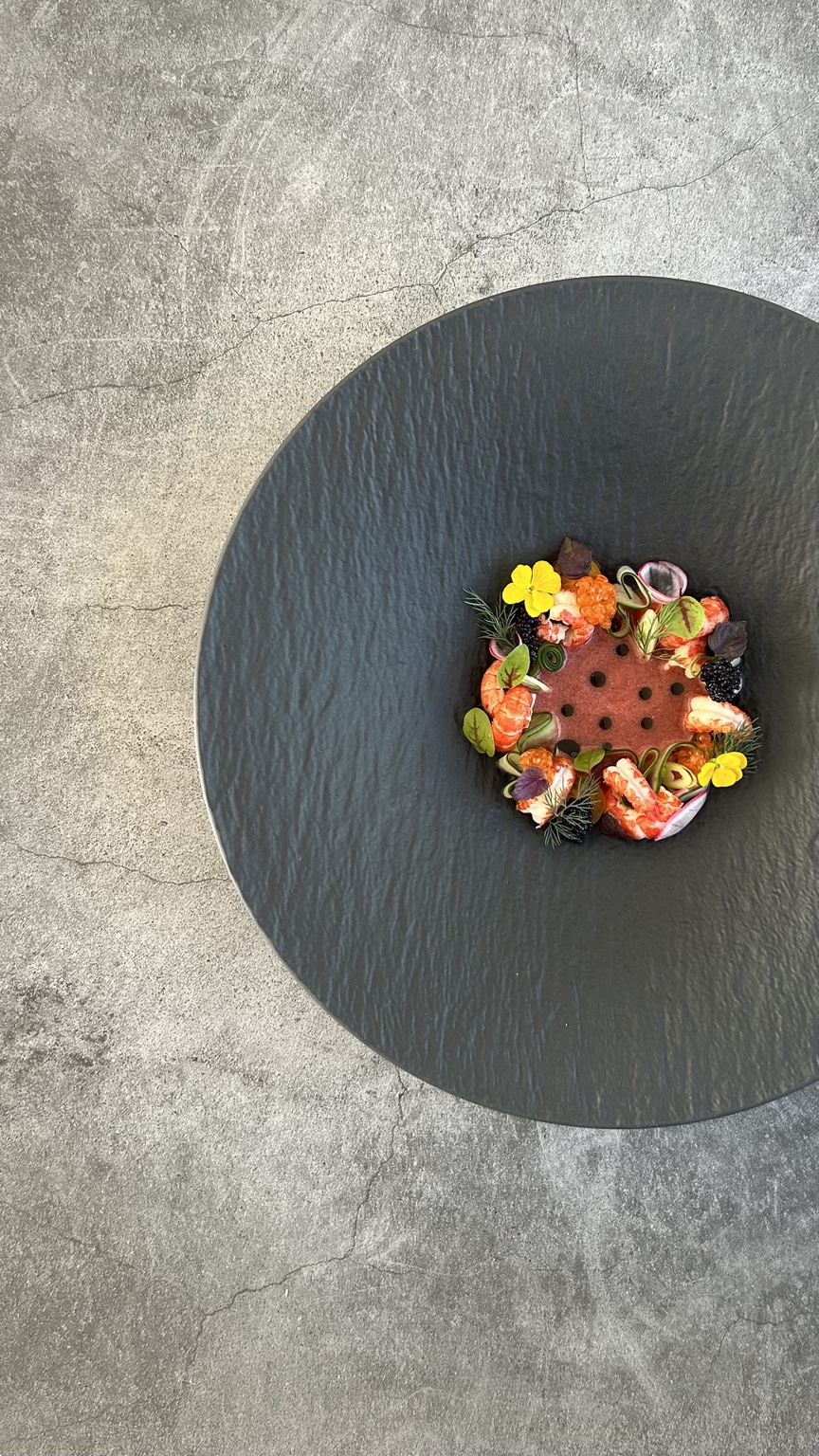 Eva Jank's plated crayfish with cucumber, radish, trout roe and wild garlic oil